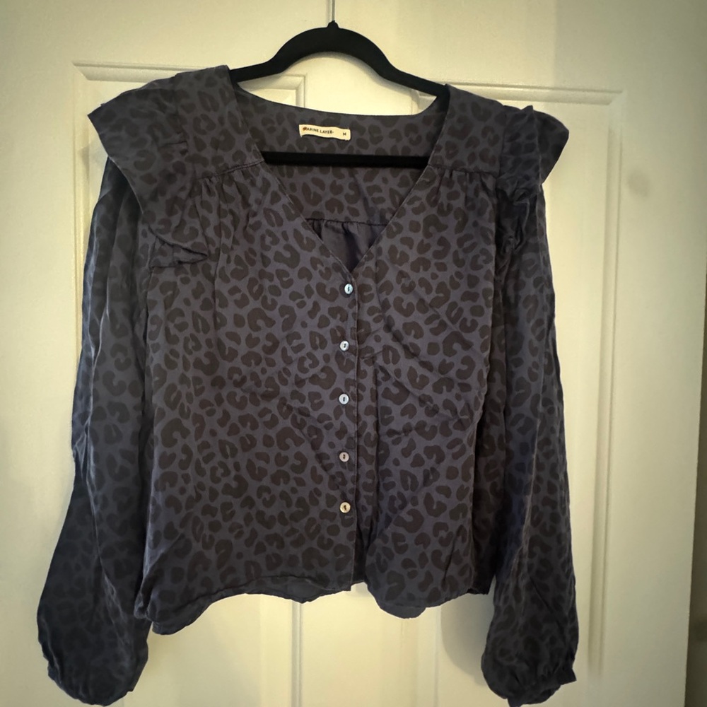 Nordstrom Marine Layer Blue leopard Ruffled Blouse